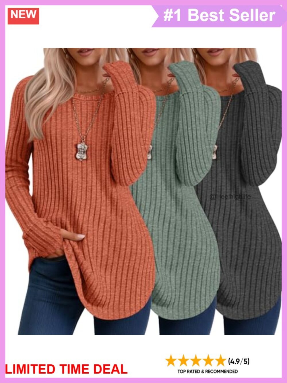 3 Pack Womens Long Sleeve Sweaters Thumb Hole Tunic Tops